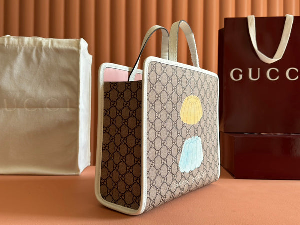 Borsa tote Gucci con stampa gatto in tela bianca e beige 231241