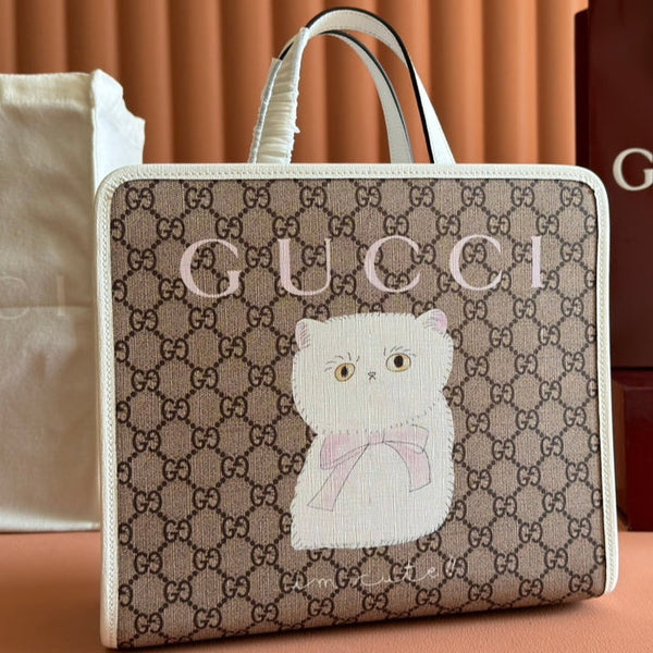 Borsa tote Gucci con stampa gatto in tela bianca e beige 231241