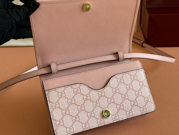 Gucci Emblem Mini Shoulder Bag Pink Canvas Leather 244541