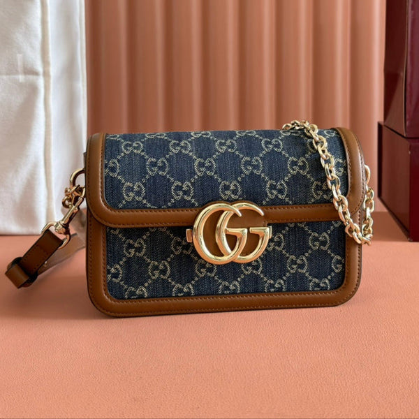 Gucci GO Small Shoulder Bag Brown mix Blue Leather Canvas 248117