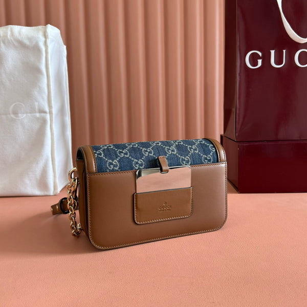 Gucci GO Small Shoulder Bag Brown mix Blue Leather Canvas 248117