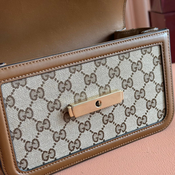 Gucci GO Small Shoulder Bag Brown mix Beige Leather Canvas 248116