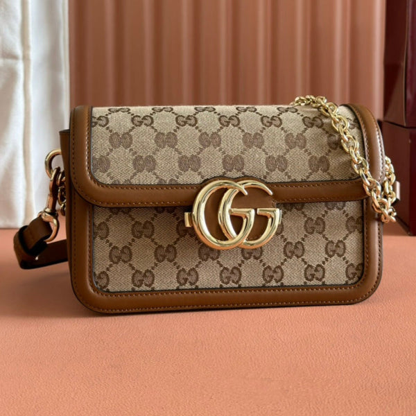 Gucci GO Small Shoulder Bag Brown mix Beige Leather Canvas 248116