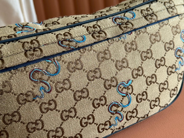 Gucci Snake Print Bag Beige mix Blue Canvas 248145