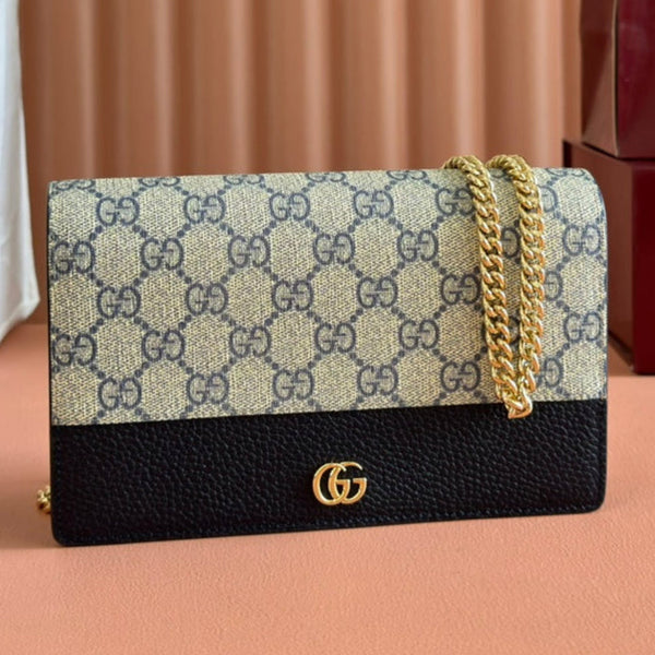 Gucci Marmont Chain Wallet Ebony Blue Black Leather Canvas 255317