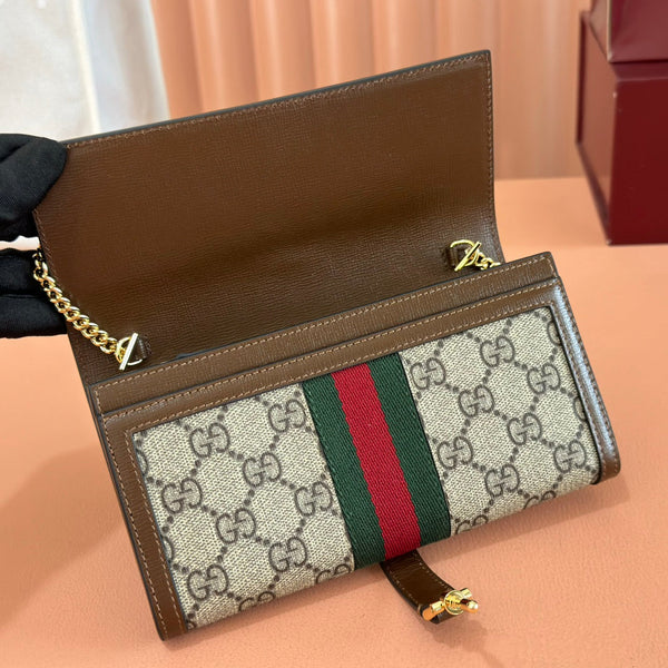 Gucci Jackie Chain Wallet Ebony Brown Canvas Leather 255174