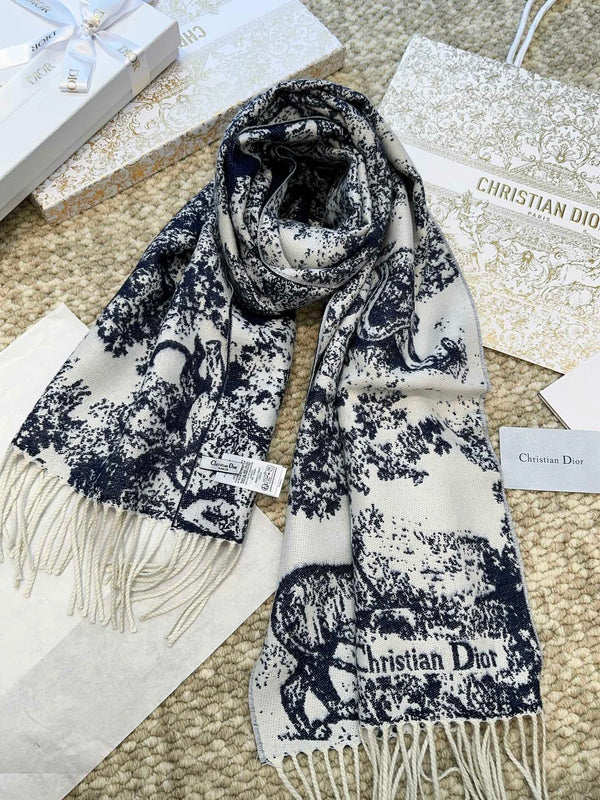 SCIARPA 220 CM IN CASHMERE E LANA MIX BLU NAVY MONOGRAM BIANCO 413656