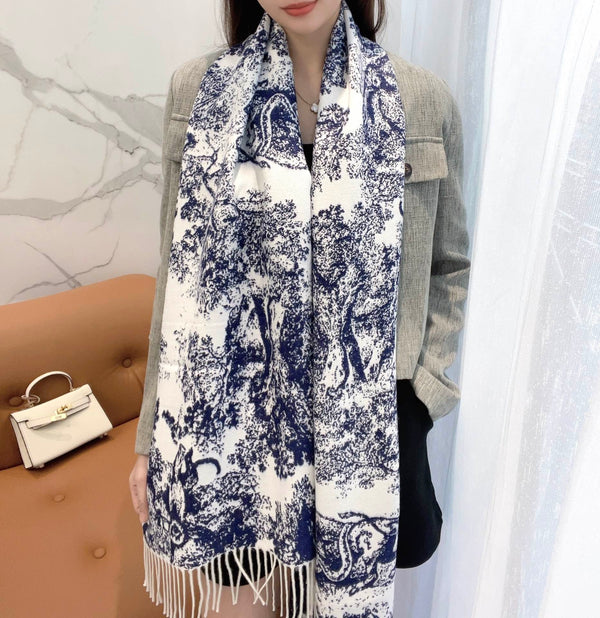 SCIARPA 220 CM IN CASHMERE E LANA MIX BLU NAVY MONOGRAM BIANCO 413656