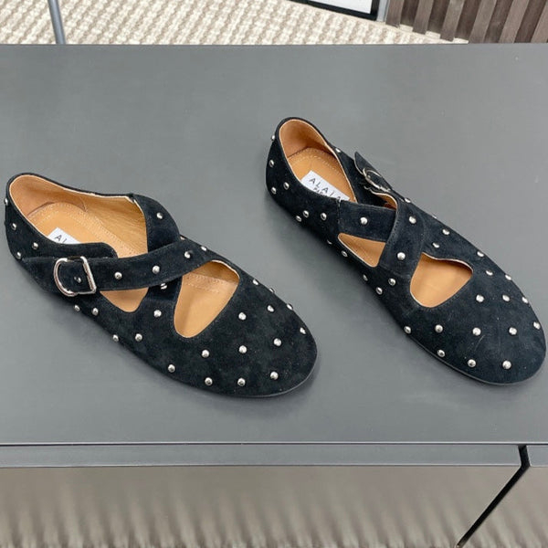Alaia 2025 Criss Cross With Stud Ballet Flats Black Suede 293205