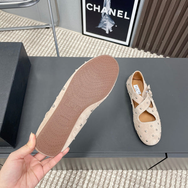 Alaia 2025 Criss Cross With Stud Ballet Flats Nude Suede 293206