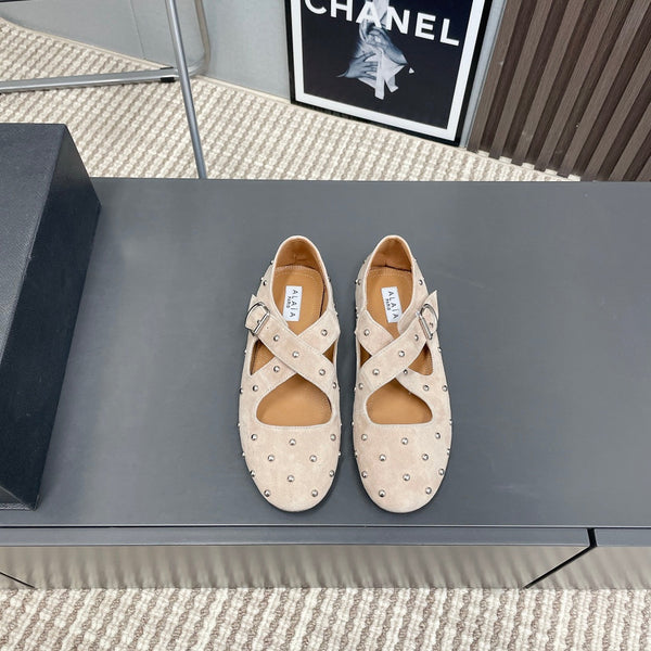 Alaia 2025 Criss Cross With Stud Ballet Flats Nude Suede 293206