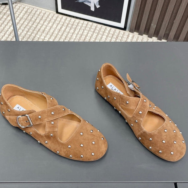 Alaia 2025 Criss Cross With Stud Ballet Flats Brown Beige Suede 293207
