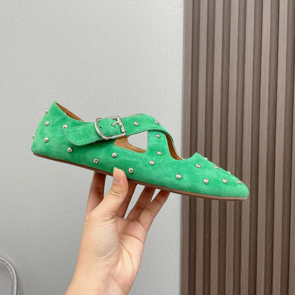 Alaia 2025 Criss Cross With Stud Ballet Flats Shamrock Green Suede 293210