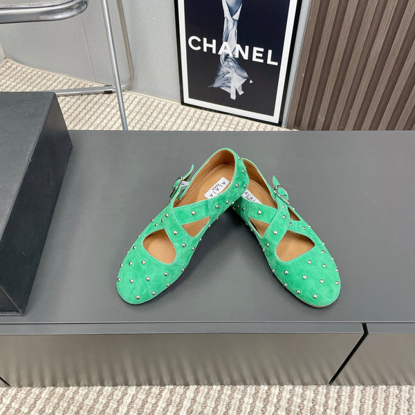 Alaia 2025 Criss Cross With Stud Ballet Flats Shamrock Green Suede 293210