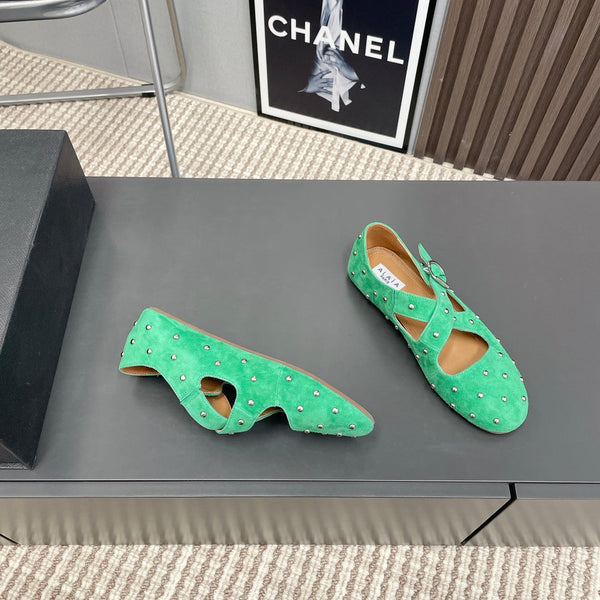 Alaia 2025 Criss Cross With Stud Ballet Flats Shamrock Green Suede 293210
