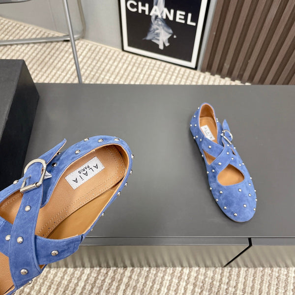 Alaia 2025 Criss Cross With Stud Ballet Flats Royal Blue Suede 293211