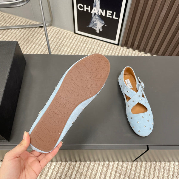 Alaia 2025 Criss Cross With Stud Ballet Flats Light Blue Suede 293212