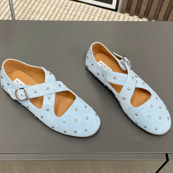 Alaia 2025 Criss Cross With Stud Ballet Flats Light Blue Suede 293212