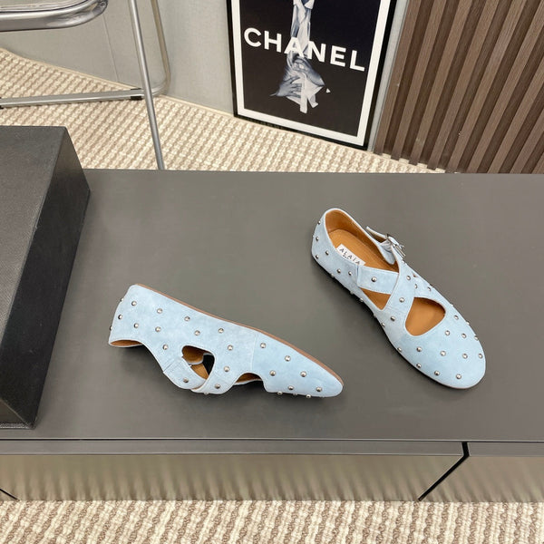 Alaia 2025 Criss Cross With Stud Ballet Flats Light Blue Suede 293212