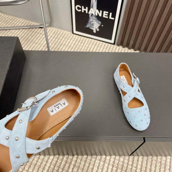 Alaia 2025 Criss Cross With Stud Ballet Flats Light Blue Suede 293212