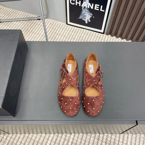 Alaia 2025 Criss Cross With Stud Ballet Flats Brown Suede 293213