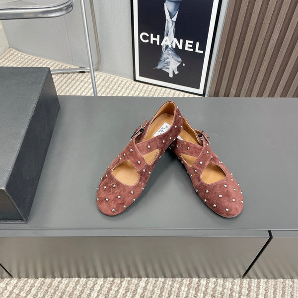 Alaia 2025 Criss Cross With Stud Ballet Flats Brown Suede 293213