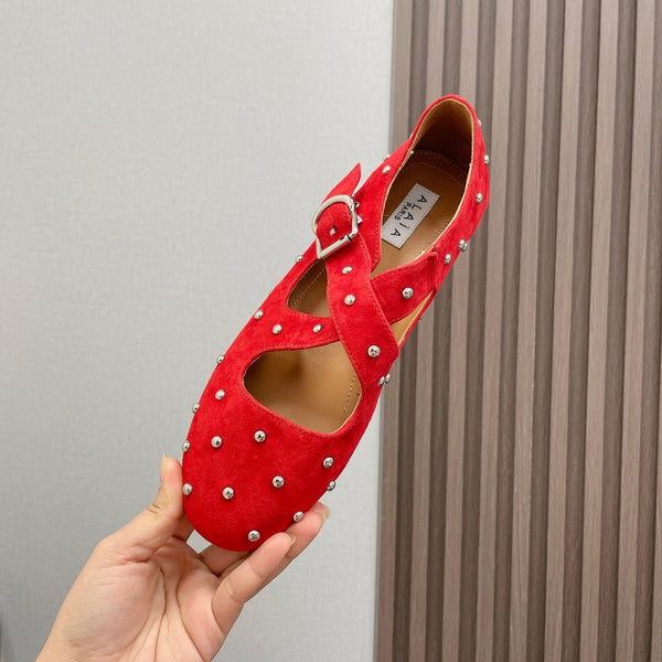 Alaia 2025 Criss Cross With Stud Ballet Flats Red Suede 293214