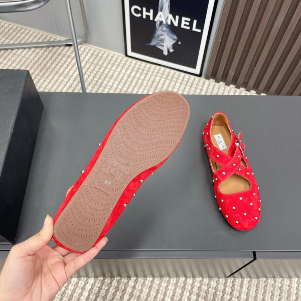 Alaia 2025 Criss Cross With Stud Ballet Flats Red Suede 293214
