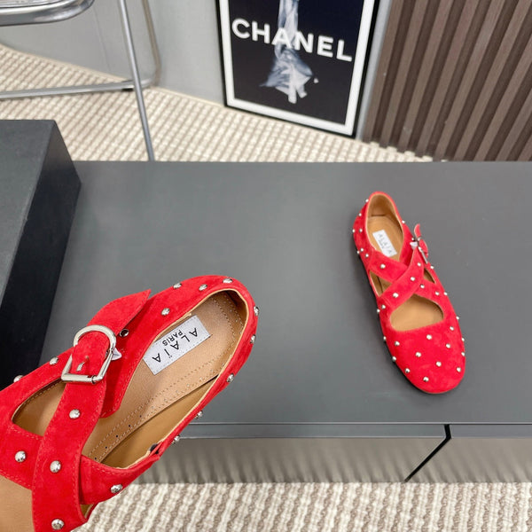 Alaia 2025 Criss Cross With Stud Ballet Flats Red Suede 293214