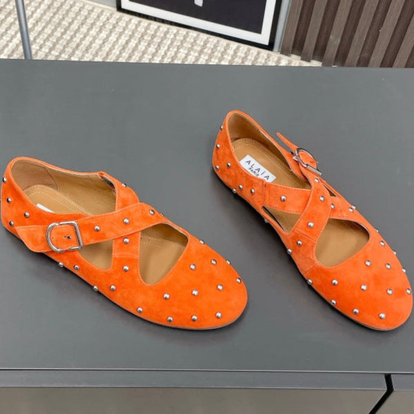 Alaia 2025 Criss Cross With Stud Ballet Flats Orange Suede 293215