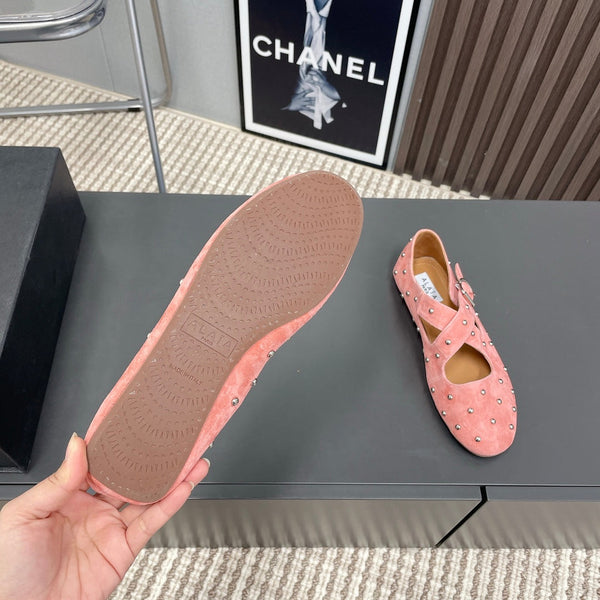 Alaia 2025 Criss Cross With Stud Ballet Flats Pink Suede 293216