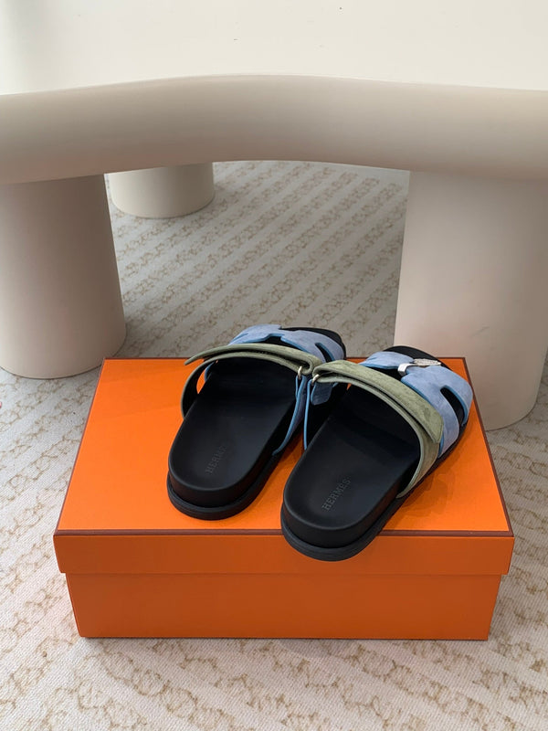 chypre sandal olive turquoise blue suede black calfskin