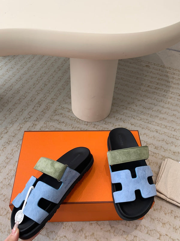 chypre sandal olive turquoise blue suede black calfskin