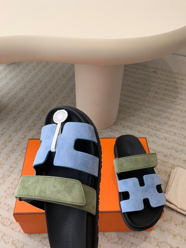 chypre sandal olive turquoise blue suede black calfskin