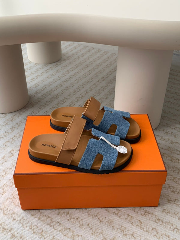 chypre sandal blue denim brown calfskin