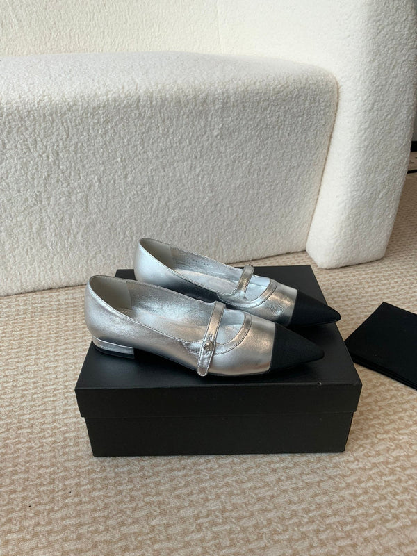 Pointed Toe Mary Jane Shoes Silver Mix Black Lambskin