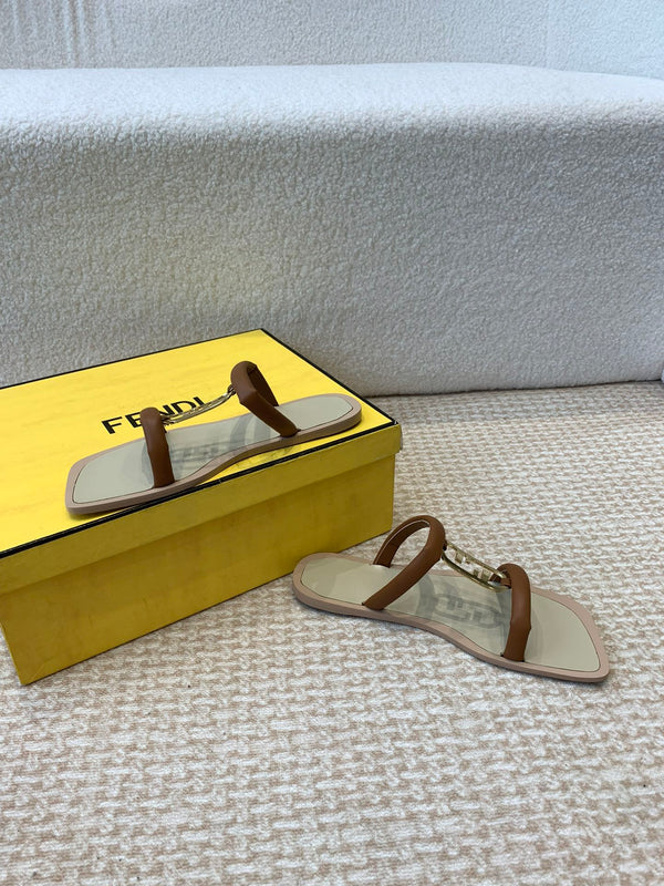 FENDI O'LOCK SLIDES BROWN CALFSKIN WITH GOLD HARDWARE