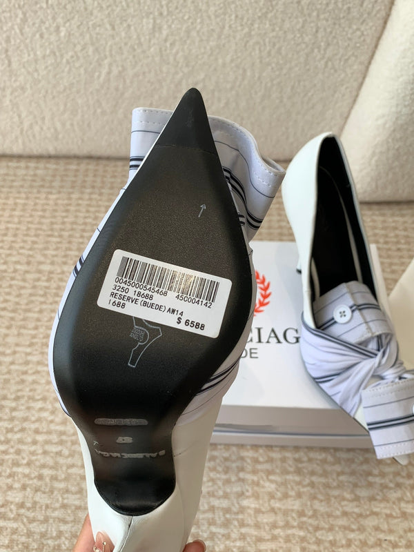 KNIFE CHEMISE HIGH PUMPS IN WHITE COTTON AND CALFSKIN