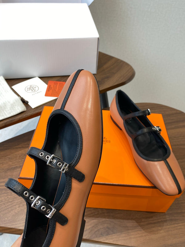 HM 25s Mary Jane Double Strap Camel Black Calfskin 422564