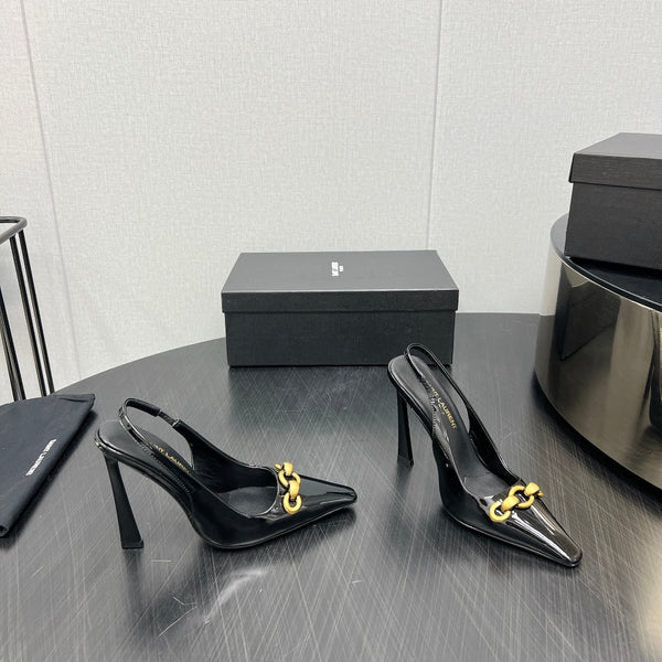 SLINGBACK ALTO CON CATENA ORO IN PELLE DI VITELLO NERA LUCIDA