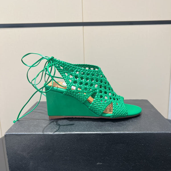 Alaia 25 Round-toe Braided Wedge Sandals 75mm Green Woven Leather 433567