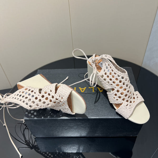 Alaia 25 Round-toe Braided Wedge Sandals 75mm Flamingo Woven Leather433568