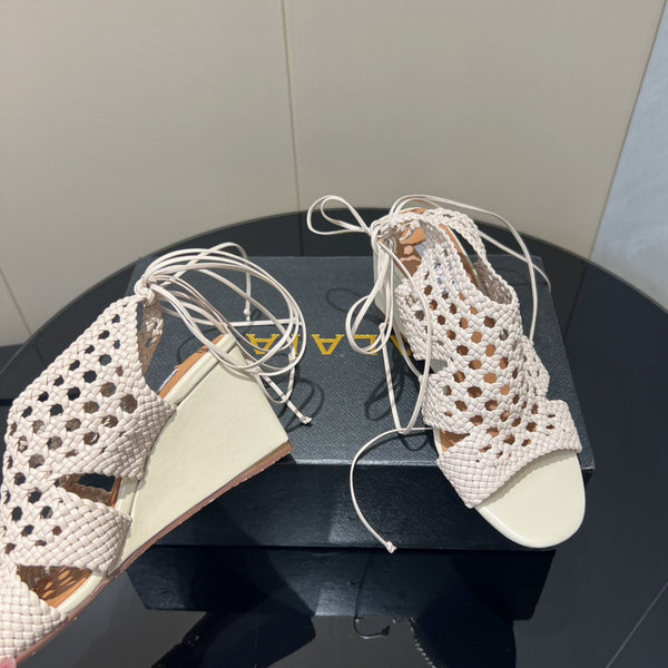 Alaia 25 Round-toe Braided Wedge Sandals 75mm Flamingo Woven Leather433568