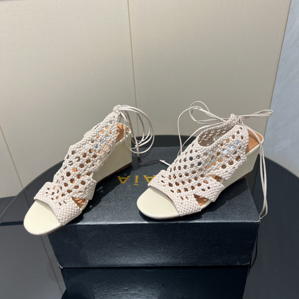 Alaia 25 Round-toe Braided Wedge Sandals 75mm Flamingo Woven Leather433568