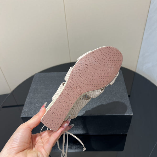 Alaia 25 Round-toe Braided Wedge Sandals 75mm Flamingo Woven Leather433568