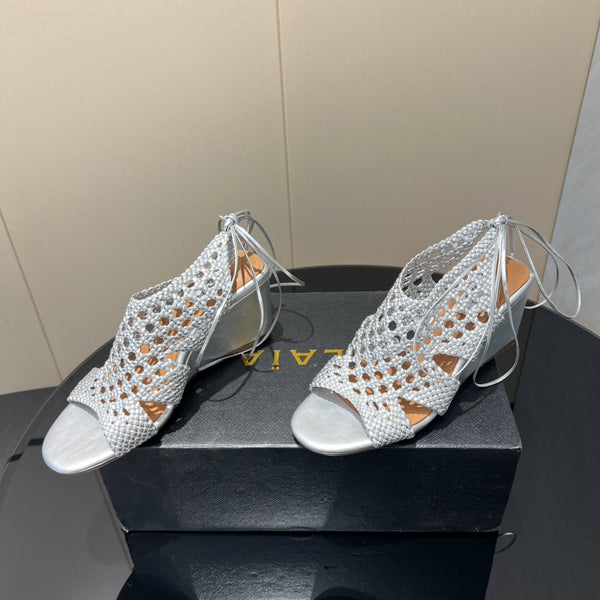 Alaia 25 Round-toe Braided Wedge Sandals 75mm Silver Metallic Woven Leather433570