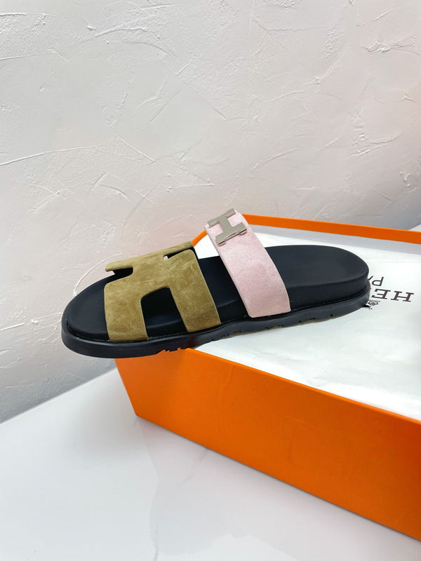 SANDALO CYPRUS VERDE MILITARE MISTO ROSA PASTELLO IN CAMOSCIO CON FIBBIA H