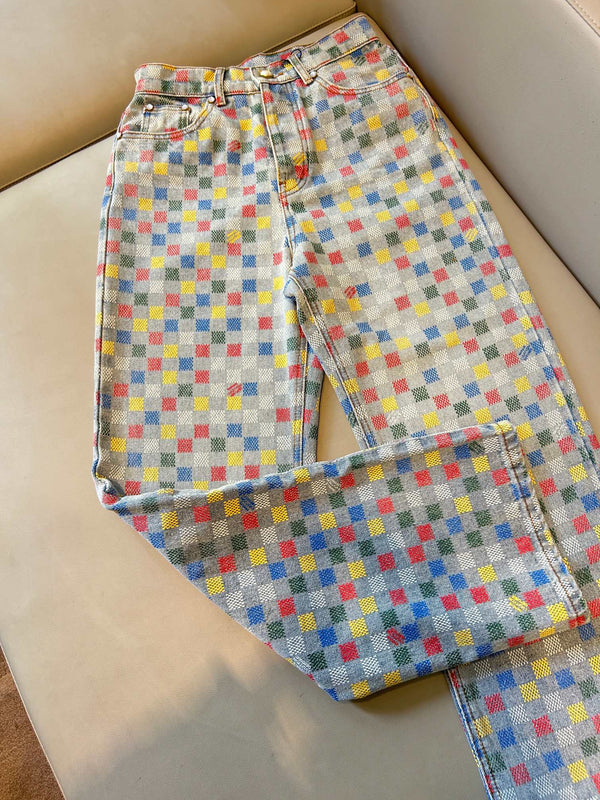 LV Checkerboard Design Jeans Multicolor Cotton
