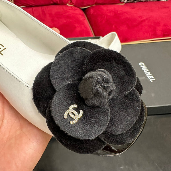 ballet flat black flower white calfskin