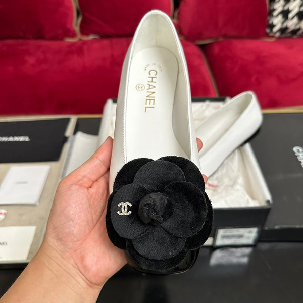 ballet flat black flower white calfskin